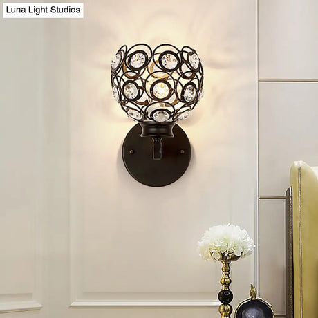 Modern Dome Clear Crystal Wall Lamp With Brass/Black Finish - Ideal Bedroom Lighting