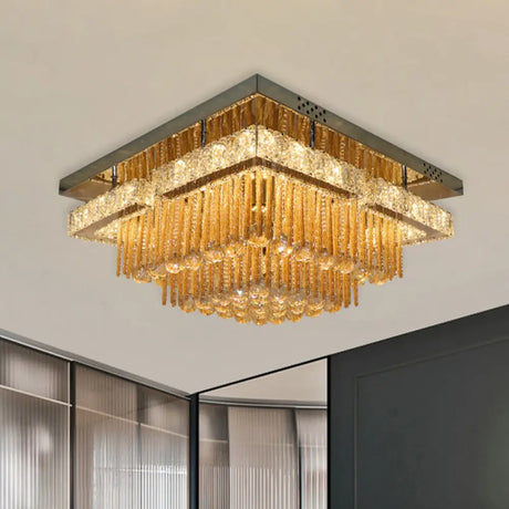 Modern Draping Crystal Lounge Led Flush Mount Ceiling Light - Polished Chrome Round/Square Fixture