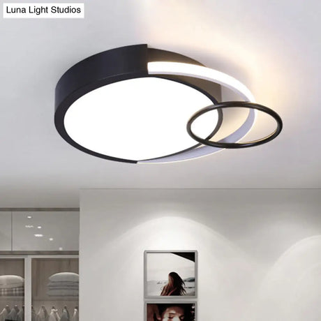 Modern Drum And Ring Metal Flush Mount Ceiling Light Fixture - 19’/23’ W Led Black Warm/White