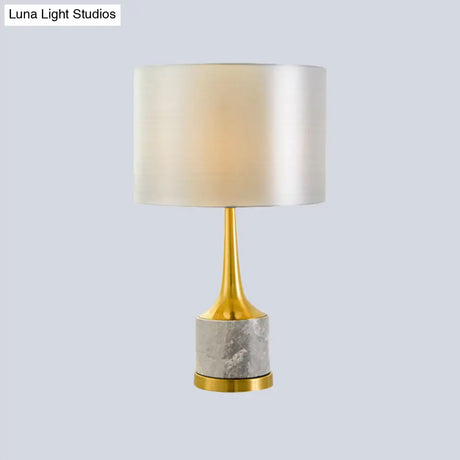 Modern Drum Fabric Nightstand Lamp In White With Marble Base Perfect For Living Room Lighting