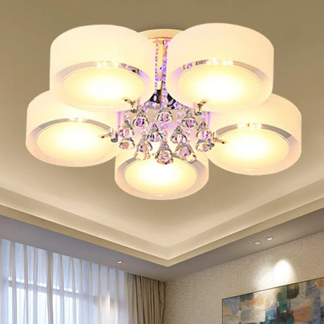 Modern Drum Flush Mount With Frosted Glass & Crystal Drop - 3/5/6 Head White Ceiling Light 5 /