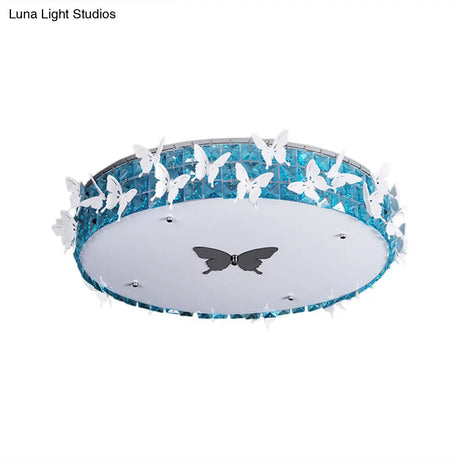 Modern Drum Led Flushmount Lighting With Clear/Amber/Lake Blue Crystal Bedroom Ceiling Fixture -