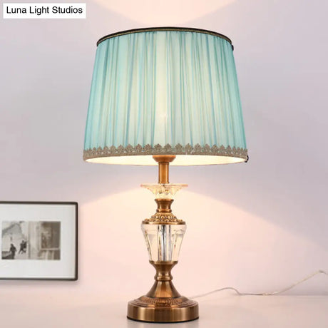 Modern Drum Shade Crystal Reading Light Nightstand Lamp In Blue/Beige