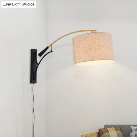 Modern Drum Shade Wall Lamp - 1 Head Fabric Lighting For Bedroom In Flaxen/Coffee