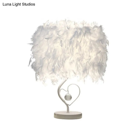 Modern Drum Table Lamp: Feather Light White/Pink/Burgundy Heart Frame Crystal Orb