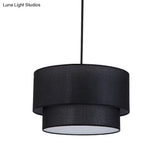 Modern Dual Drum Pendant Ceiling Lamp With Fabric Shade - 1-Head Dinette White/Flaxen/Black Color