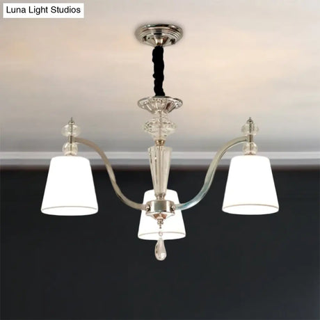 Modern Fabric Chandelier Light Fixture With Crystal Drop - Conic Design Chrome Suspension 3/6 Heads