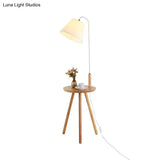 Modern Fabric Cone/Drum/Tapered Floor Lamp With Table & Storage Rack - Black/White/Wood Stand Up
