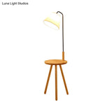 Modern Fabric Cone/Drum/Tapered Floor Lamp With Table & Storage Rack - Black/White/Wood Stand Up