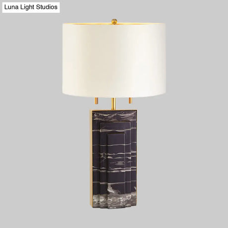 Modern Fabric Shade Desk Lamp - Straight Sided White 2-Bulb Task Light With Pull Chain