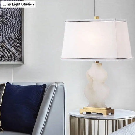 Modern Fabric Tapered Task Light - 1 Head White Nightstand Lamp With Gourd Marble Base