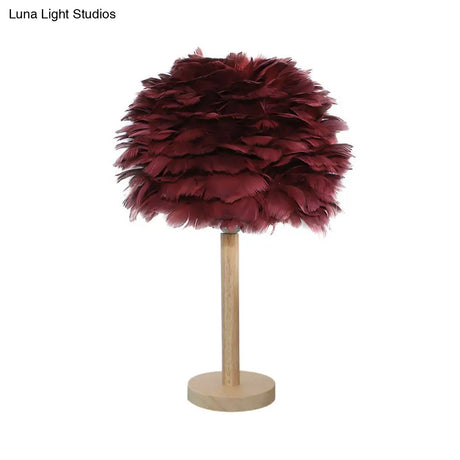 Modern Feather Flower Night Lamp: 1-Light Grey/Blue/Burgundy Wood Table Light For Bedroom