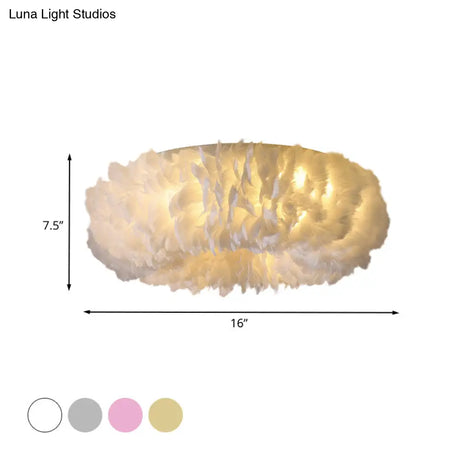 Modern Feather Flushmount Ceiling Light With 3/6 Fabric Heads In White/Grey/Pink For Bedroom