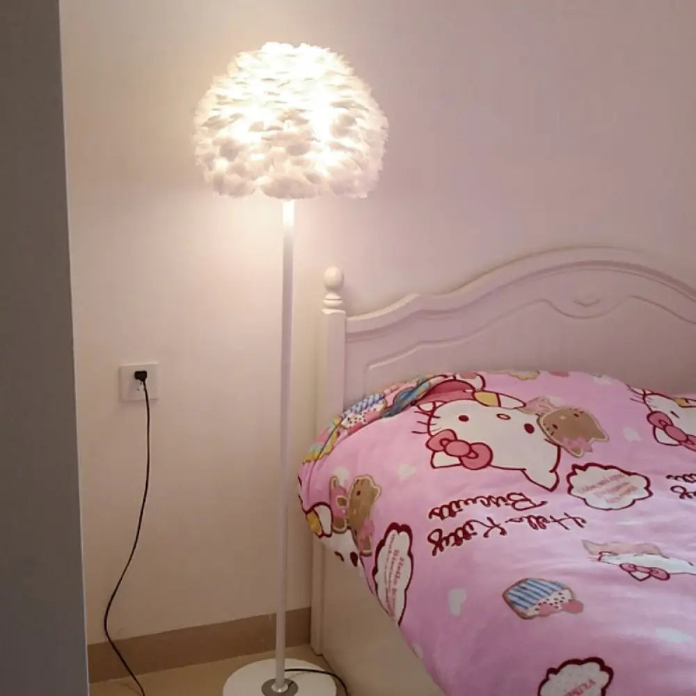 Modern Feather Stand Up Lamp - 18/21.5 Wide Dome Floor Light For Living Room In White/Pink/Orange