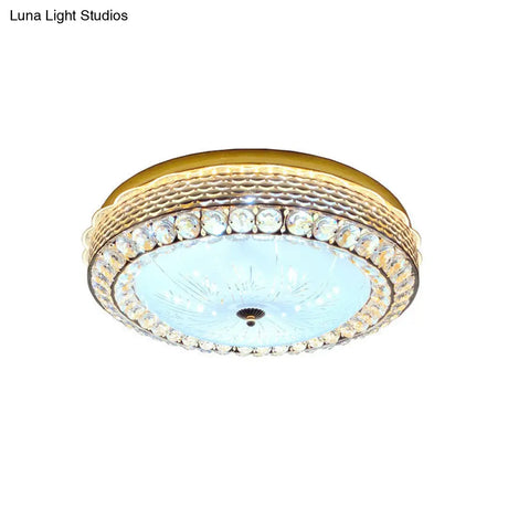 Modern Fishscale/Net Design Gold Drum Led Flushmount With Crystal Accents For Bedroom Ceiling