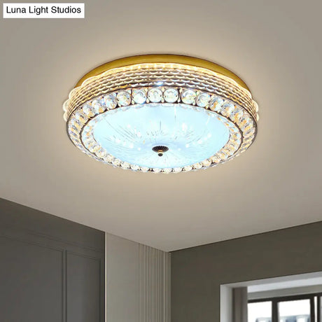 Modern Fishscale/Net Design Gold Drum Led Flushmount With Crystal Accents For Bedroom Ceiling