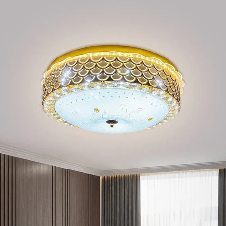Modern Fishscale/Net Design Gold Drum Led Flushmount With Crystal Accents For Bedroom Ceiling / C