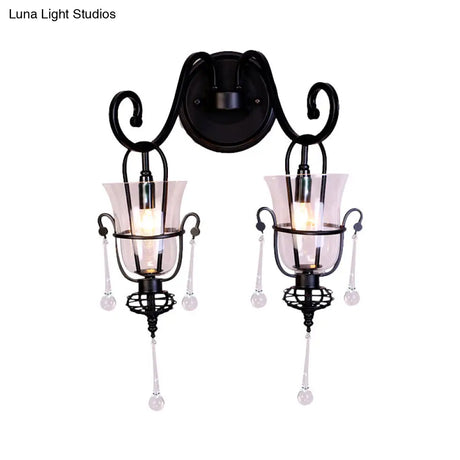 Modern Flared Black Wall Lamp With Clear Glass Shade