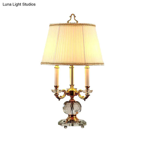 Modern Flared Table Light: Fabric Shade 3 Heads White Reading Lamp With Crystal Base