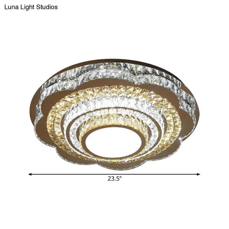 Modern Floral Crystal Block Led Ceiling Flushmount In Chrome - Warm/White Light