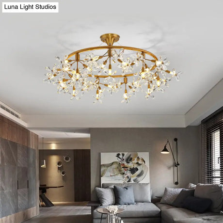 Modern Floral Crystal Pendant Light: 20/30 Bulbs Brass Ceiling Fixture - 23.5/31.5 Wide