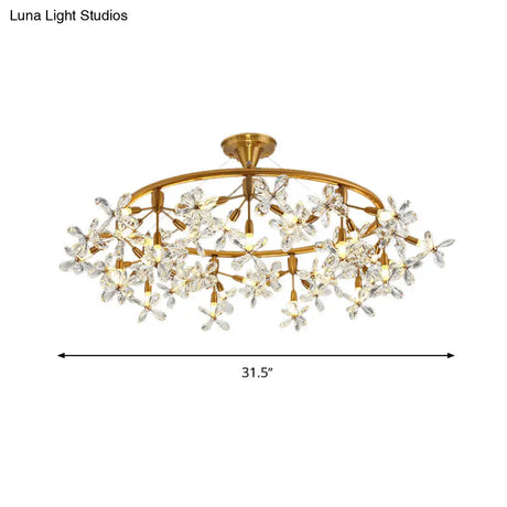 Modern Floral Crystal Pendant Light: 20/30 Bulbs Brass Ceiling Fixture - 23.5/31.5 Wide