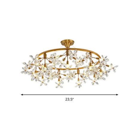 Modern Floral Crystal Pendant Light: 20/30 Bulbs Brass Ceiling Fixture - 23.5/31.5 Wide