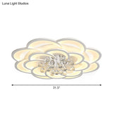 Modern Floral Girls Bedroom Led Flush Ceiling Light With Crystal Ball Drop In White -