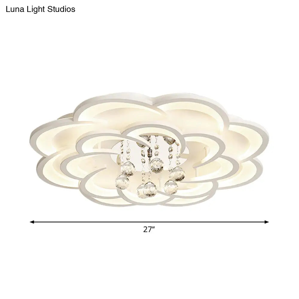 Modern Floral Girls Bedroom Led Flush Ceiling Light With Crystal Ball Drop In White -