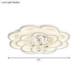 Modern Floral Girls Bedroom Led Flush Ceiling Light With Crystal Ball Drop In White -