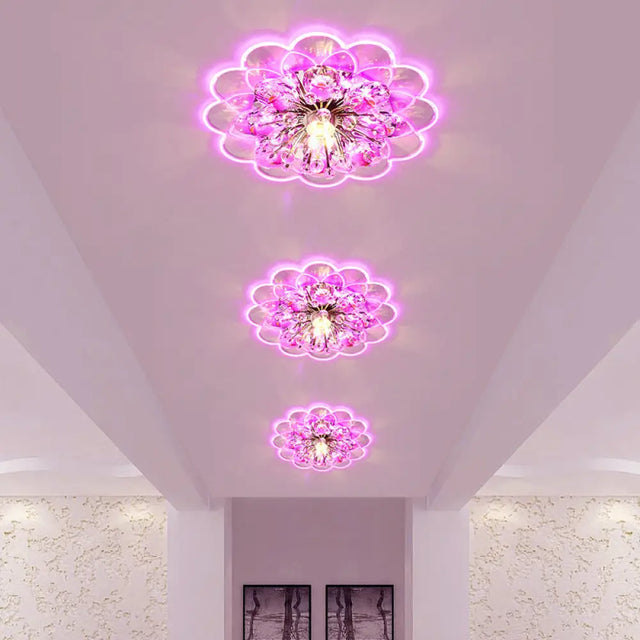 Modern Floral Led Flush Mount Ceiling Light With Beveled Crystal In Red For Porch Pink White And