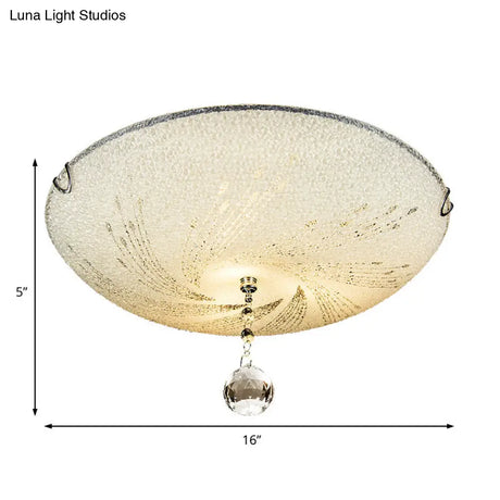 Modern Flush Mount Light With Frosted Glass And Crystal Drop - 3 Lights White Ceiling Fixture