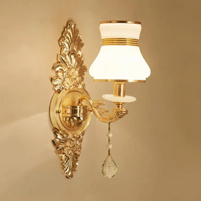 Modern Frosted Glass Bell Shade Wall Sconce With Gold Carved Backplate 1 /