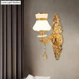 Modern Frosted Glass Bell Shade Wall Sconce With Gold Carved Backplate