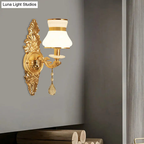 Modern Frosted Glass Bell Shade Wall Sconce With Gold Carved Backplate