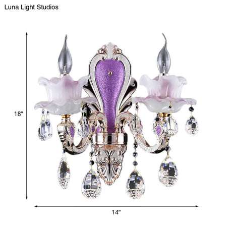 Modern Frosted Glass Purple Wall Sconce Light With Teardrop Crystal Drops - Ruffle Design