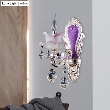 Modern Frosted Glass Purple Wall Sconce Light With Teardrop Crystal Drops - Ruffle Design
