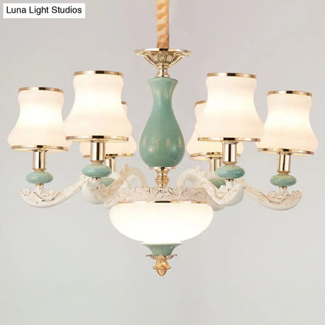 Modern Frosted Glass & White Ceramics Chandelier Light Flared Suspension Lighting For Living Room