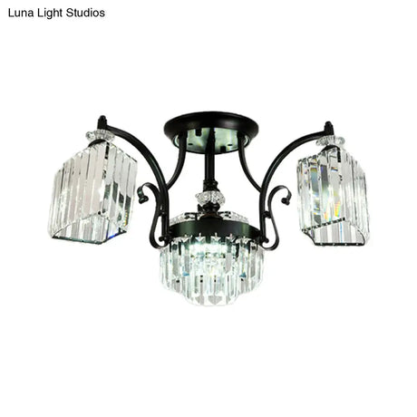 Modern Geometric Ceiling Mounted Fixture With Crystal Rods And 3 Black Flush Lights In White
