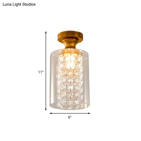 Modern Glass And Metal Semi Flush Light With Crystal Bead Accent - Brass Finish