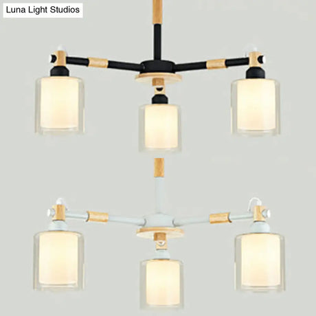 Modern Glass And Wood Cylinder Pendant Light Fixture With 3 Bulbs - Stylish Hanging Ceiling Lamp For