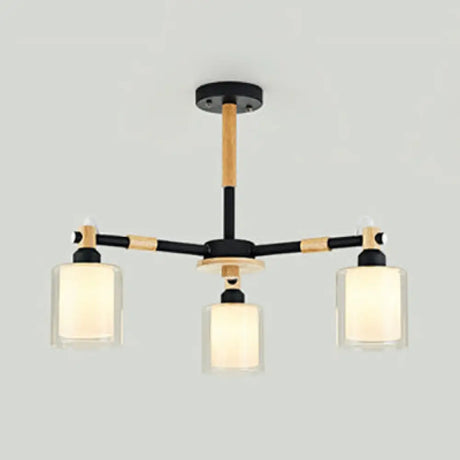 Modern Glass And Wood Cylinder Pendant Light Fixture With 3 Bulbs - Stylish Hanging Ceiling Lamp For