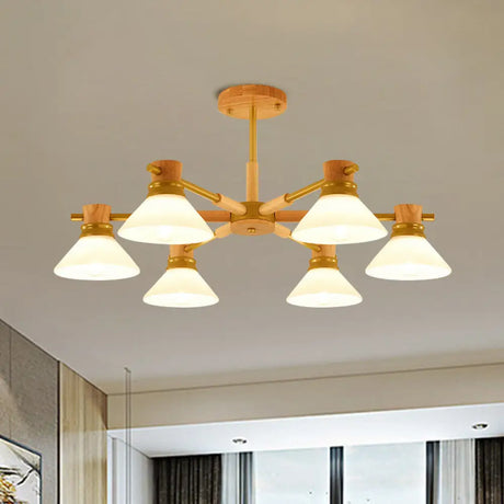 Modern Glass And Wood Hanging Pendant Chandelier - Black/Gold Branch Cone Shade For Sitting Room 6