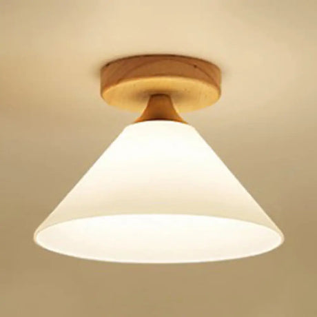 Modern Glass Ceiling Lamp With White Shade Cone And Wooden Canopy For Foyer - One Light Scalloped