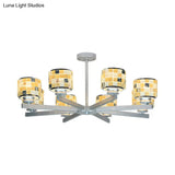 Modern Glass Mosaic Drum Chandelier - 8-Light Indoor Lighting Fixture In Blue/Yellow For Living Room