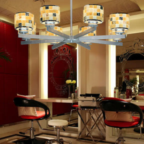 Modern Glass Mosaic Drum Chandelier - 8-Light Indoor Lighting Fixture In Blue/Yellow For Living