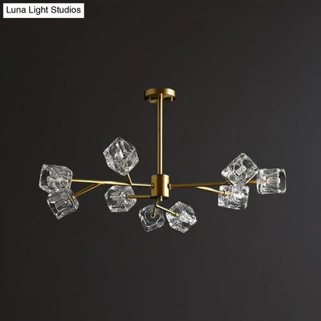 Modern Gold Branch Chandelier Lamp With Clear Crystal Cube - Living Room Suspension Light