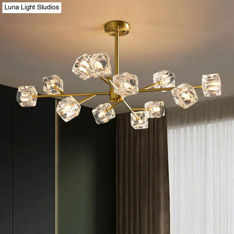 Modern Gold Branch Chandelier Lamp With Clear Crystal Cube - Living Room Suspension Light