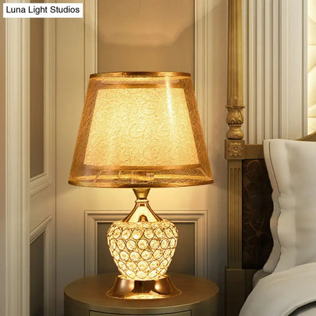 Modern Gold Desk Lamp With Crystal Bead - Small Flared Shade Fabric Flair 1 Head