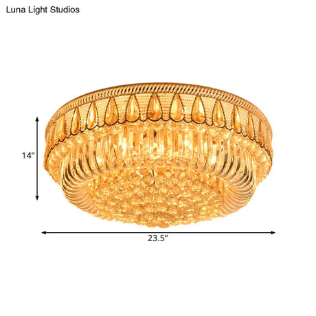 Modern Gold Drum Flush Mount Ceiling Light With 7 Clear Crystal Orbs - Ideal For Living Room